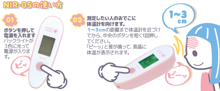 【NIR-05：体温の測り方】1:ボタンを押して電源を入れます。2:検温したい人のおでこに測定センサーを近づけ、「はかる」ボタンを押します。