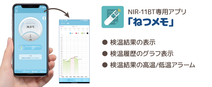 NIR-11BTはBluetooth通信でスマートフォンと接続・データの記録ができます。