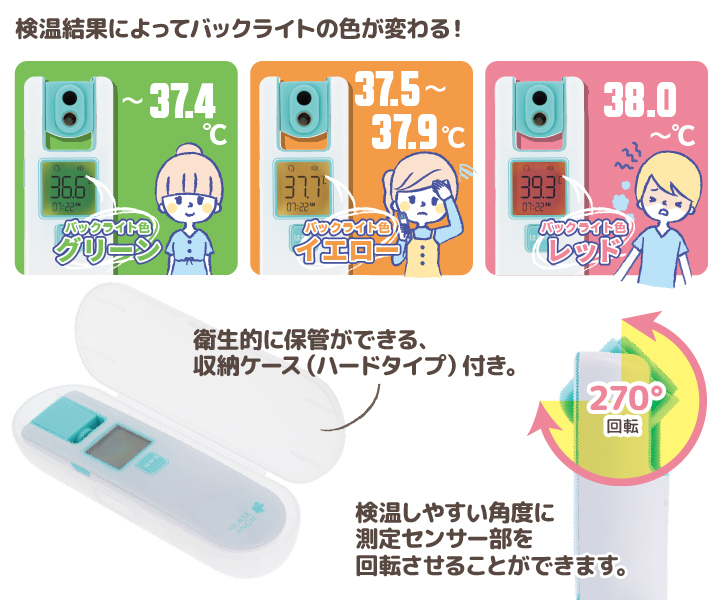 【NIR-11CR：製品の特長】検温結果によってバックライトの色が変わるので、発熱の有無が分かり易い！衛生的に保管ができる収納ケース（ハードタイプ）付属。