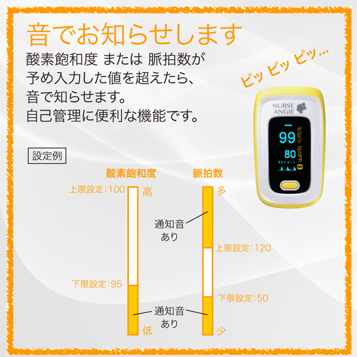 音でお知らせします酸素飽和度 または 脈拍数が予め入力した値を超えたら、音で知らせます。自己管理に便利な機能です。