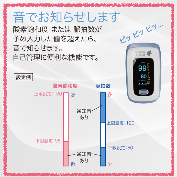 音でお知らせします酸素飽和度 または 脈拍数が予め入力した値を超えたら、音で知らせます。自己管理に便利な機能です。